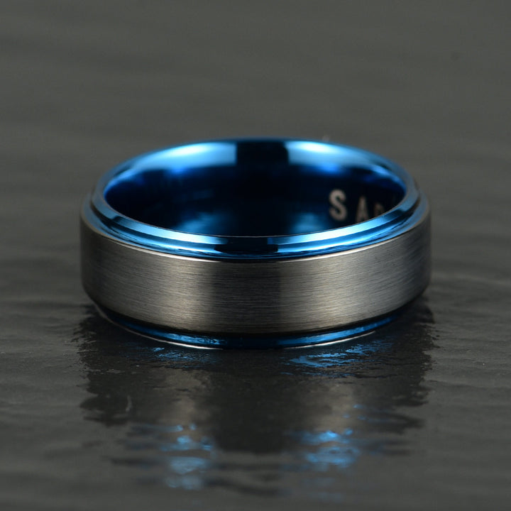 Black Tungsten Blue Colored Ring Passion Collection Men's Wedding Band 8MM - Rings By Pristine