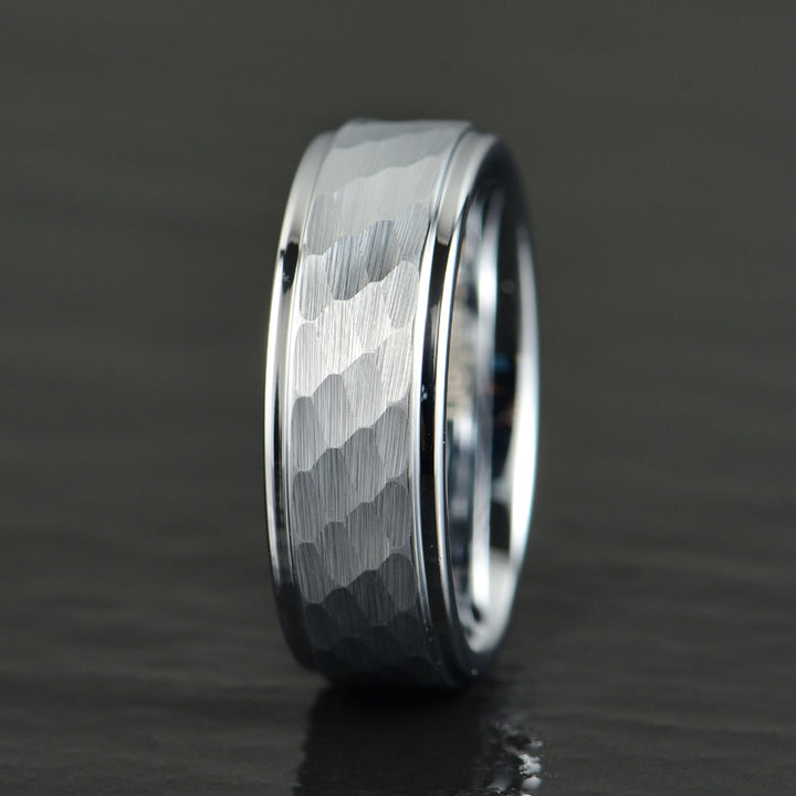 Hammered White Tungsten Men's Wedding Band 8MM - Rings By Pristine