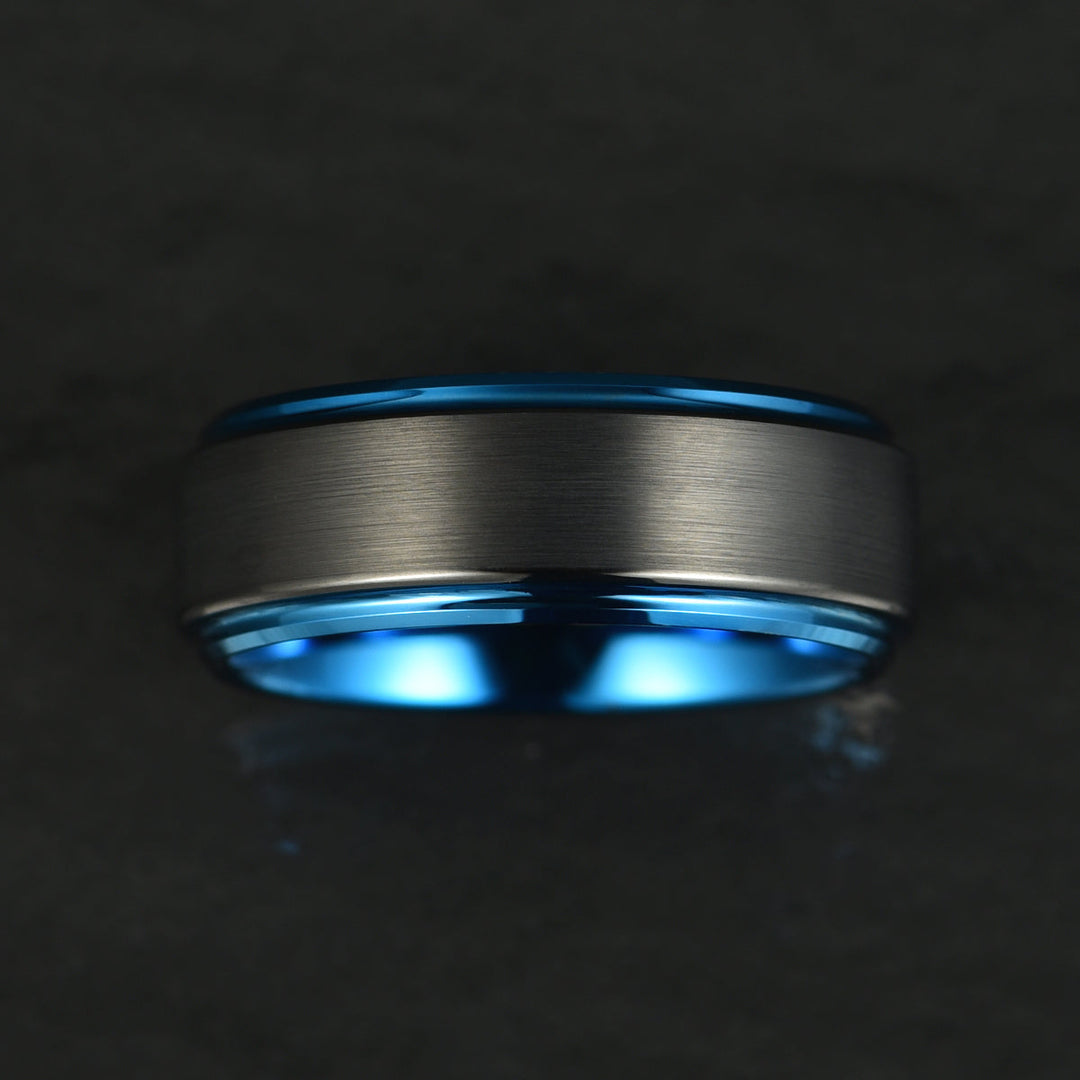 Black Tungsten Blue Colored Ring Passion Collection Men's Wedding Band 8MM - Rings By Pristine