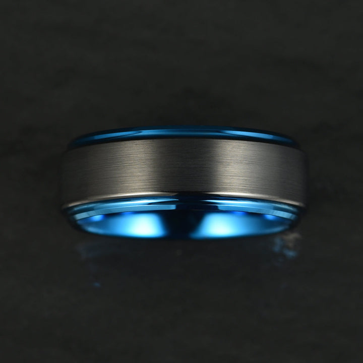 Black Tungsten Blue Colored Ring Passion Collection Men's Wedding Band 8MM - Rings By Pristine