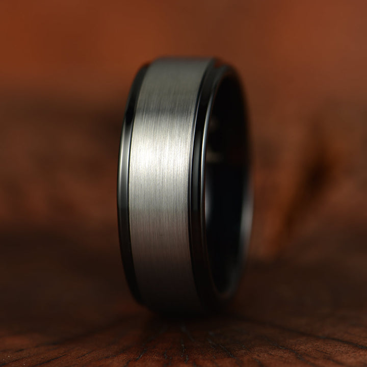 Black Tungsten Grey Tungsten Inlay Men's Wedding Band - Rings By Pristine