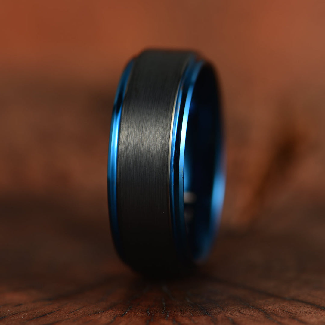 Black Tungsten Blue Colored Ring Passion Collection Men's Wedding Band 8MM - Rings By Pristine