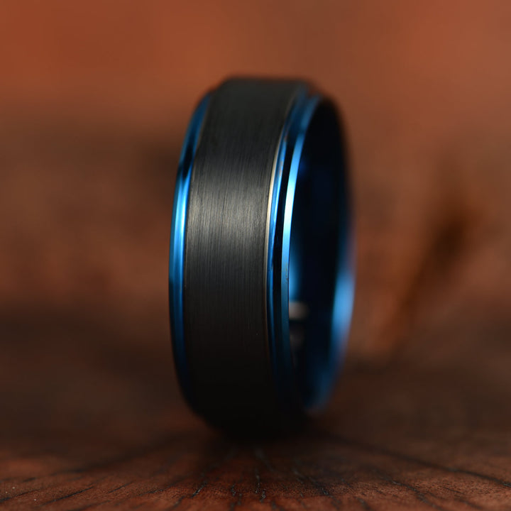 Black Tungsten Blue Colored Ring Passion Collection Men's Wedding Band 8MM - Rings By Pristine