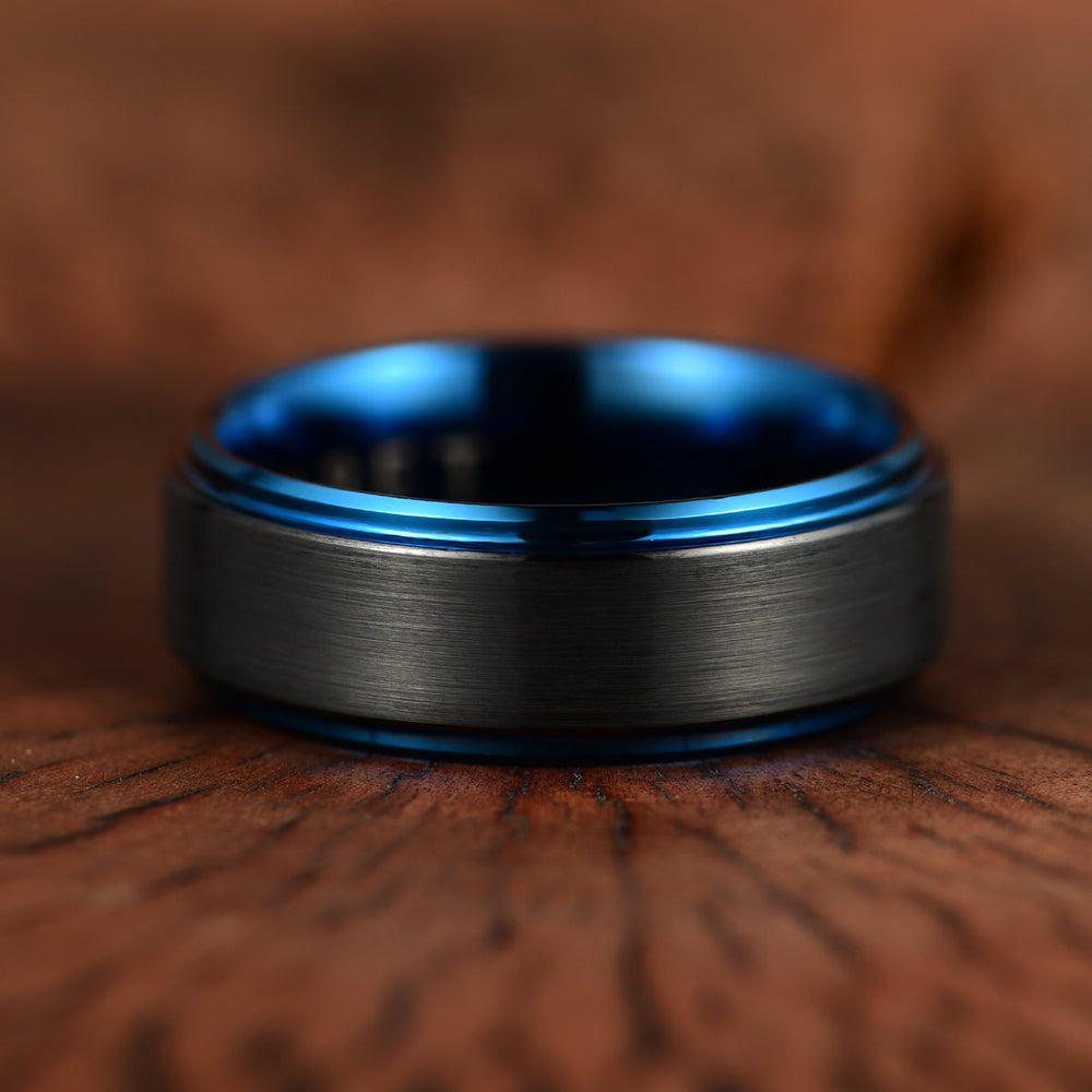 Black Tungsten Blue Colored Ring Passion Collection Men's Wedding Band 8MM - Rings By Pristine