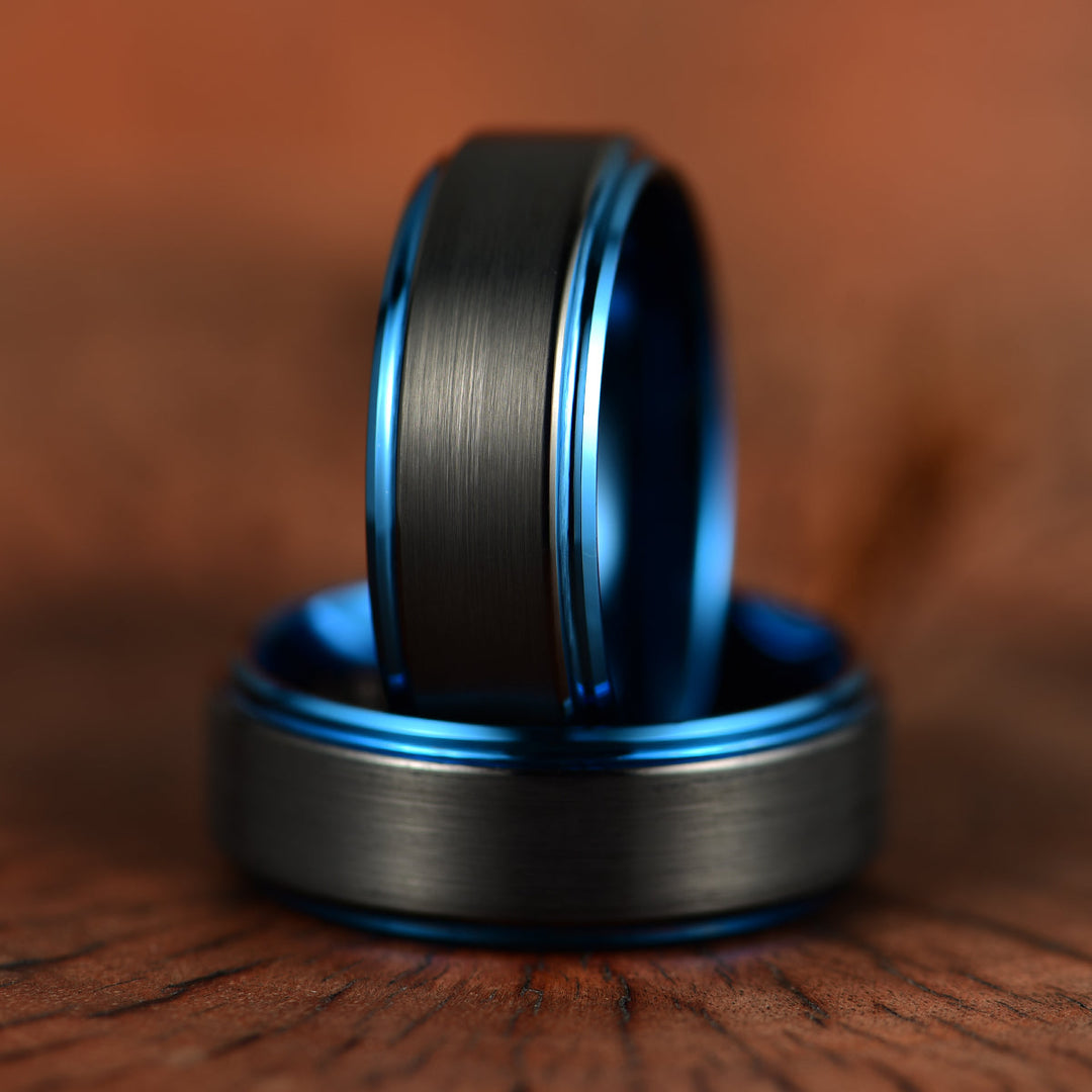 Black Tungsten Blue Colored Ring Passion Collection Men's Wedding Band 8MM - Rings By Pristine