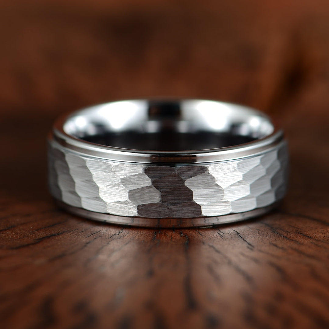 Hammered White Tungsten Men's Wedding Band 8MM - Rings By Pristine