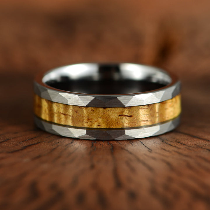 Hammered Tungsten Koa Wood Men's Wedding Band 8MM - Rings By Pristine