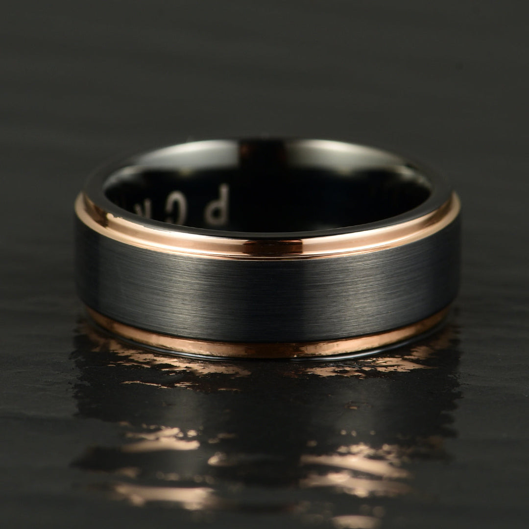 Black Tungsten Rose Inlay Men's Wedding Band 8MM - Rings By Pristine