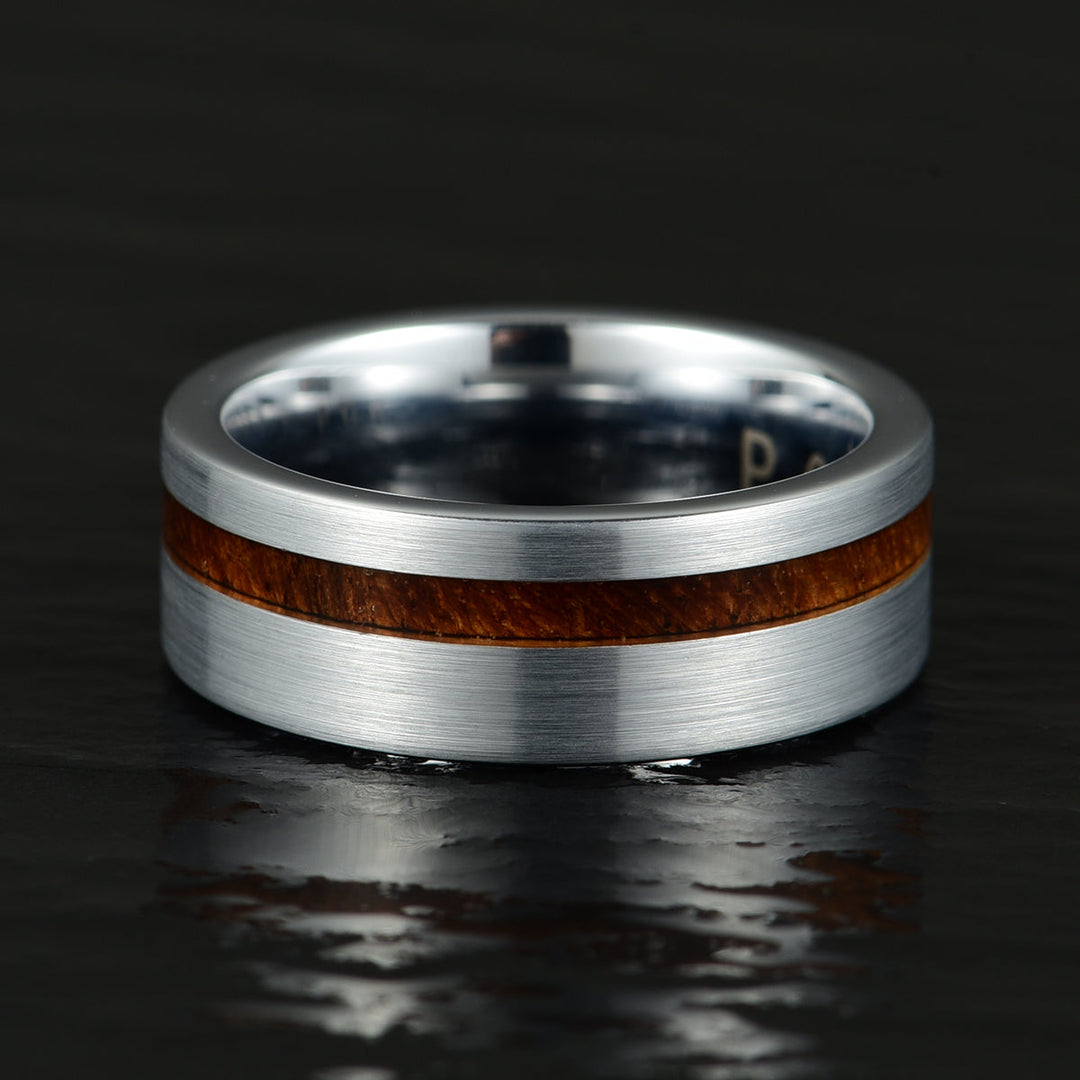 Silver Tungsten Koa Wood Inlay Men's Wedding Band - Rings By Pristine