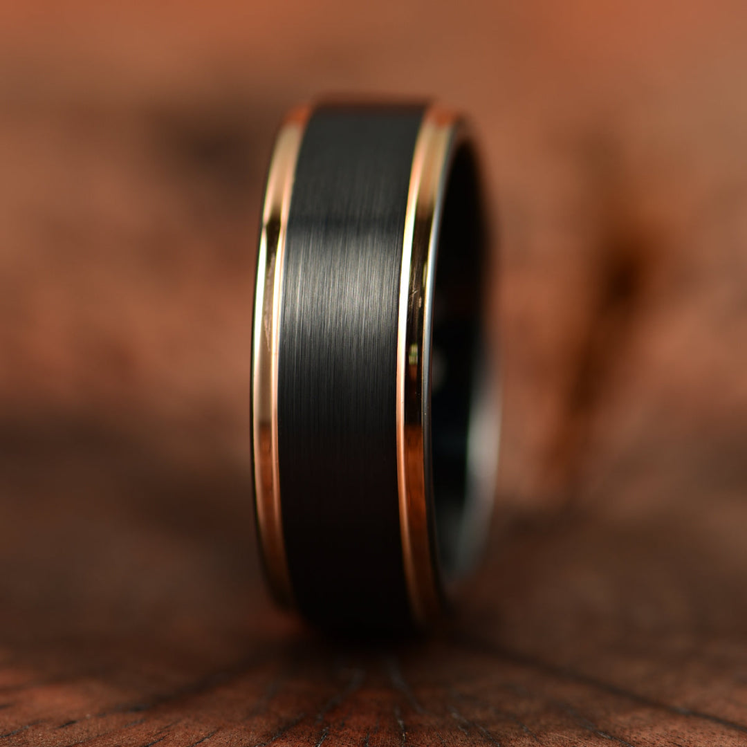 Black Tungsten Rose Inlay Men's Wedding Band 8MM - Rings By Pristine