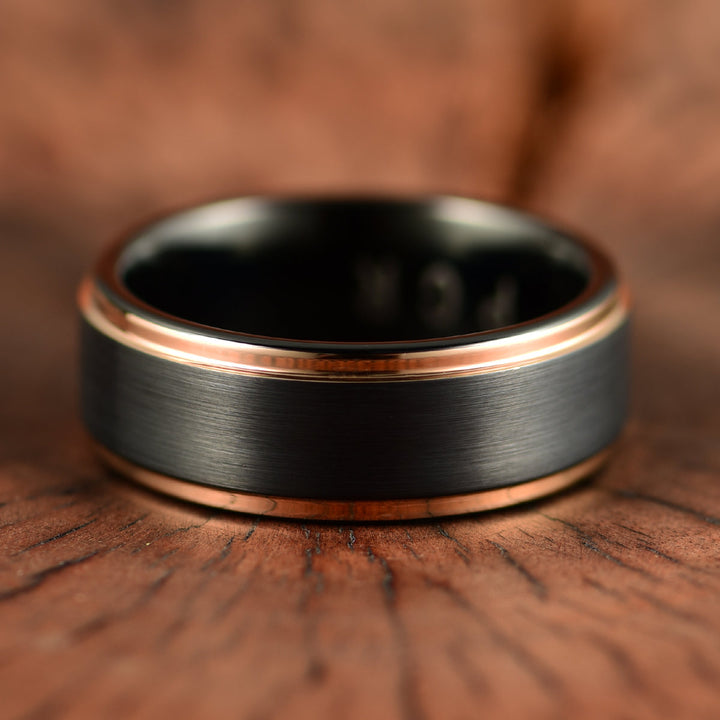 Black Tungsten Rose Inlay Men's Wedding Band 8MM - Rings By Pristine