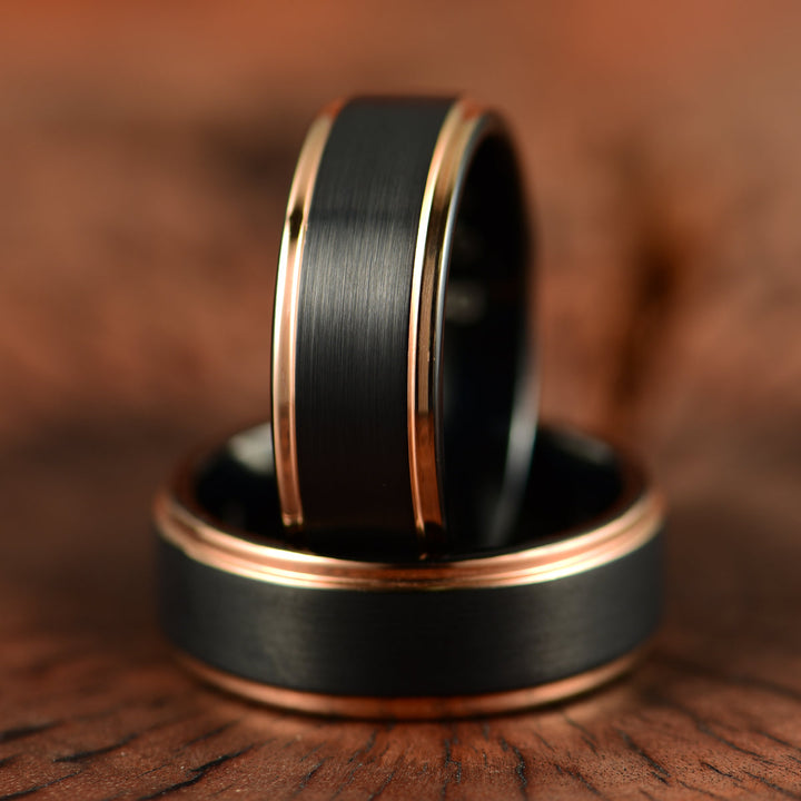 Black Tungsten Rose Inlay Men's Wedding Band 8MM - Rings By Pristine