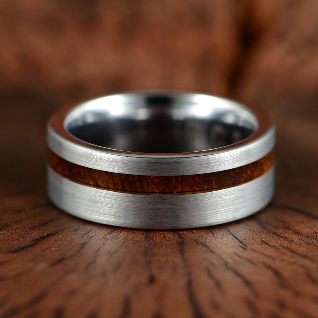 Silver Tungsten Koa Wood Inlay Men's Wedding Band - Rings By Pristine