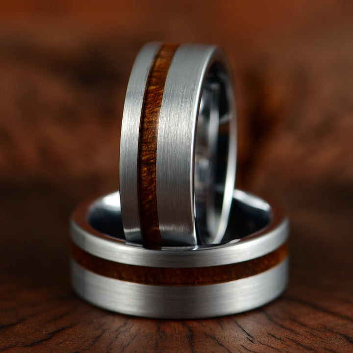 Silver Tungsten Koa Wood Inlay Men's Wedding Band - Rings By Pristine
