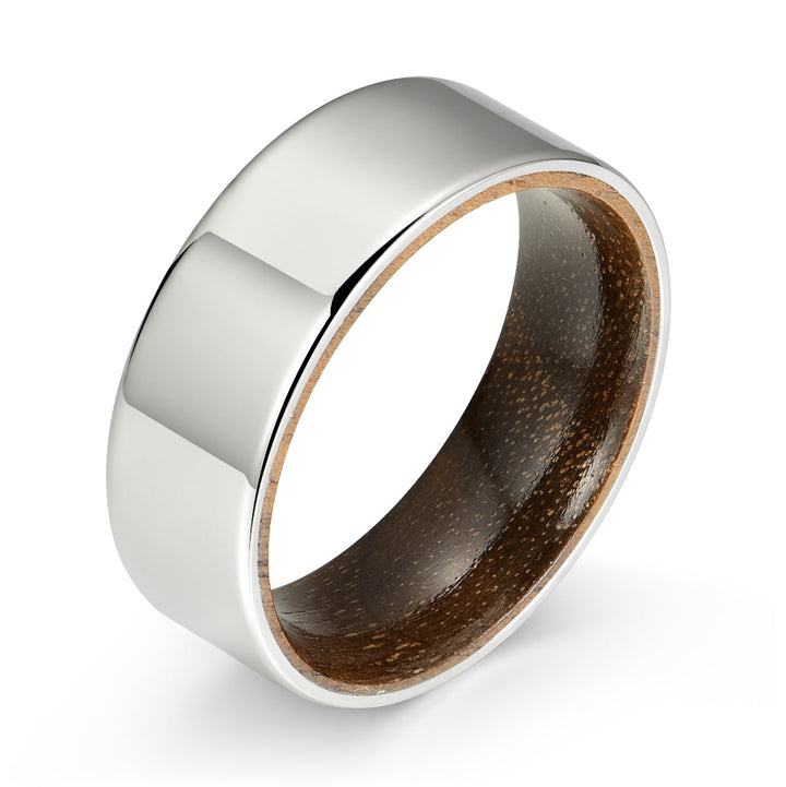 Flat Glossy Silver Tungsten Walnut Wood Men's Wedding Band 8MM - Rings By Pristine
