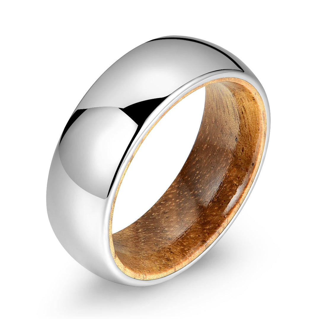 Rounded Comfort Fit Polished Silver Titanium Koa Wood Men's Wedding Band 8MM - Rings By Pristine