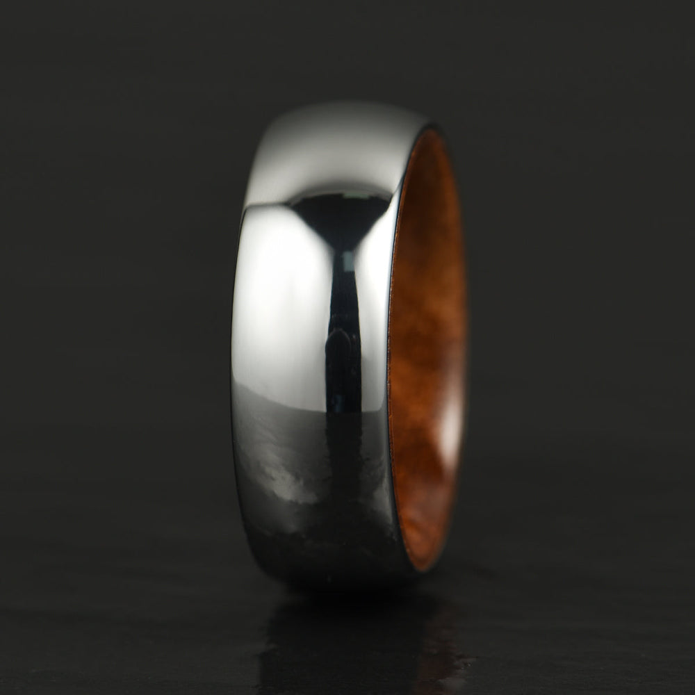 Rounded Comfort Fit Polished Silver Titanium Koa Wood Men's Wedding Band 8MM - Rings By Pristine
