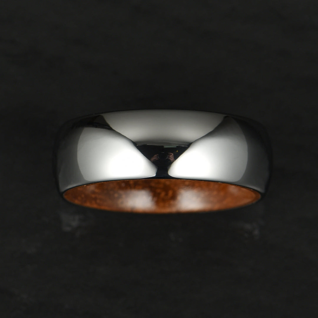 Rounded Comfort Fit Polished Silver Titanium Koa Wood Men's Wedding Band 8MM - Rings By Pristine