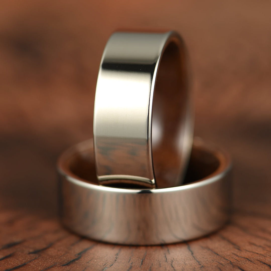 Flat Glossy Silver Tungsten Walnut Wood Men's Wedding Band 8MM - Rings By Pristine