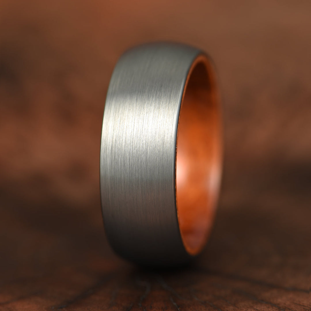 Matte Grey Rounded Titanium Rose Wood Men's Wedding Band 8MM - Rings By Pristine