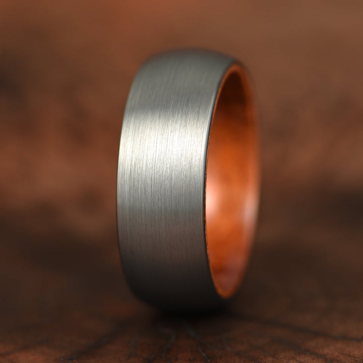 Matte Grey Rounded Titanium Rose Wood Men's Wedding Band 8MM - Rings By Pristine