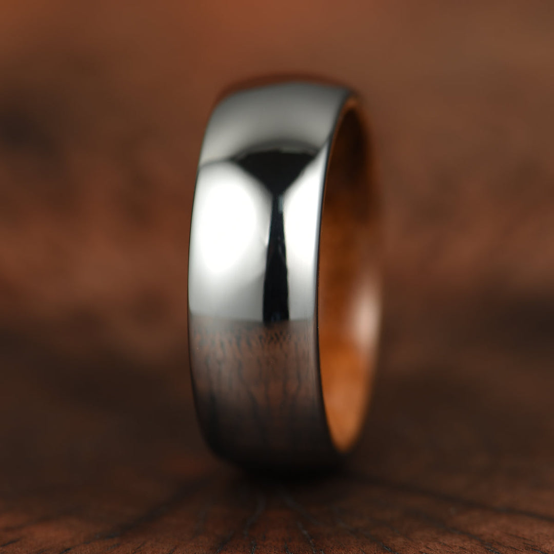 Rounded Comfort Fit Polished Silver Titanium Koa Wood Men's Wedding Band 8MM - Rings By Pristine