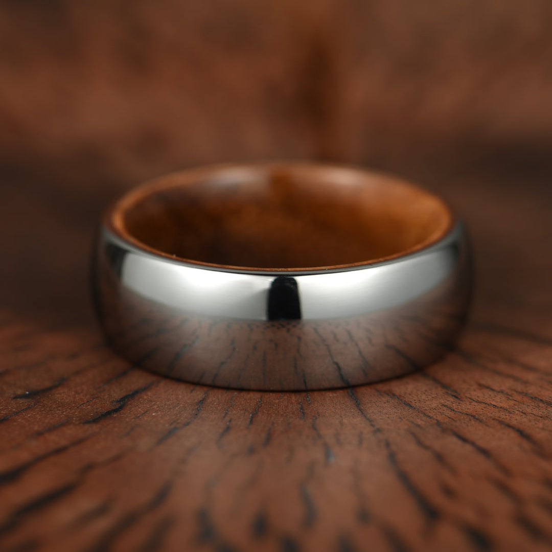 Rounded Comfort Fit Polished Silver Titanium Koa Wood Men's Wedding Band 8MM - Rings By Pristine