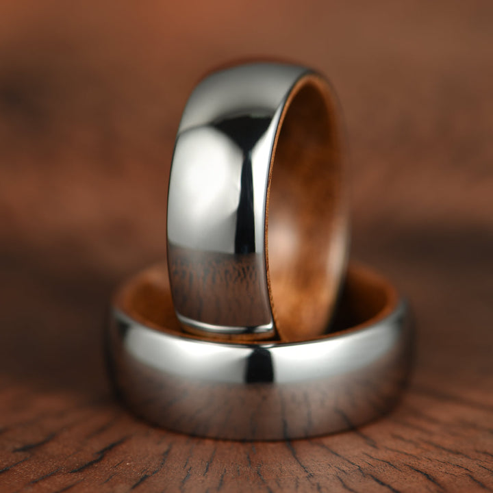 Rounded Comfort Fit Polished Silver Titanium Koa Wood Men's Wedding Band 8MM - Rings By Pristine