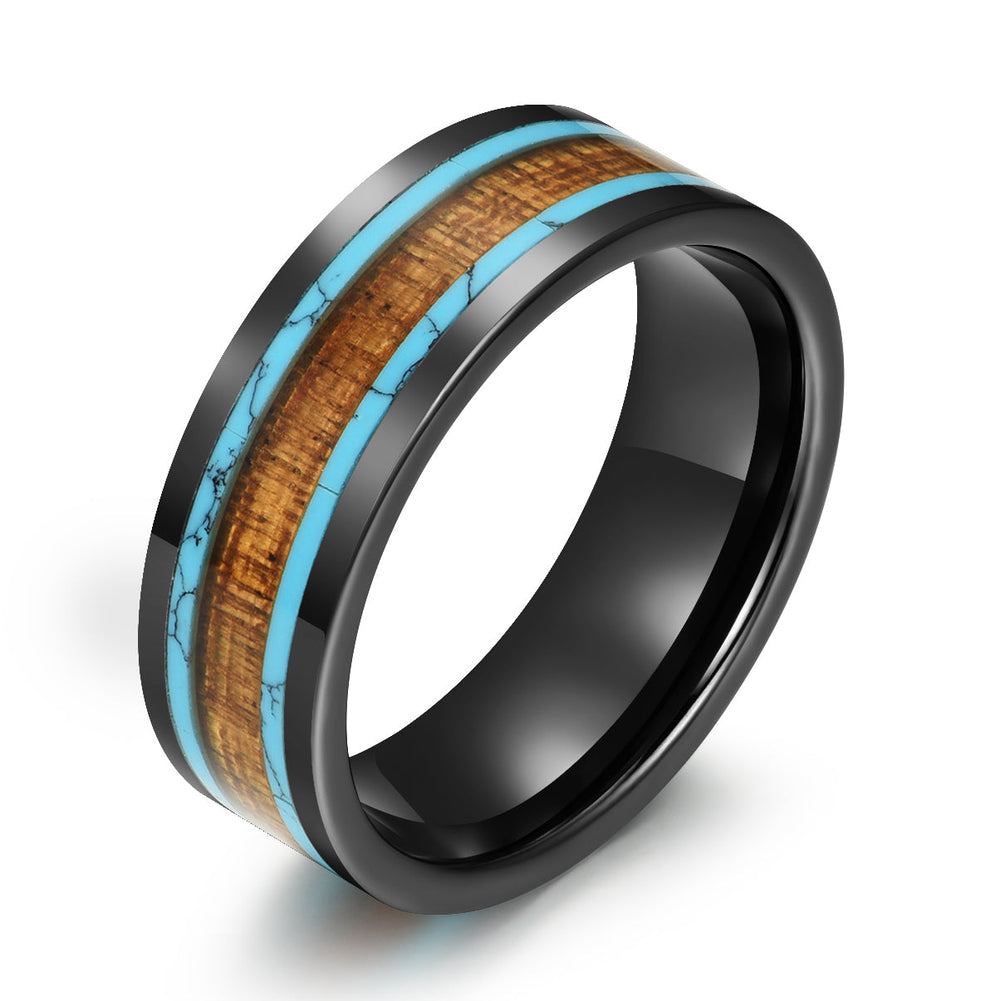 Ceramic Koa Wood Crushed Turquoise Men's Wedding Band 8MM - Rings By Pristine