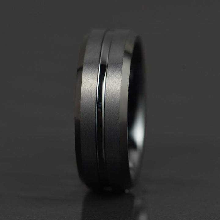Black Tungsten Ridged Men's Wedding Band 8MM - Rings By Pristine