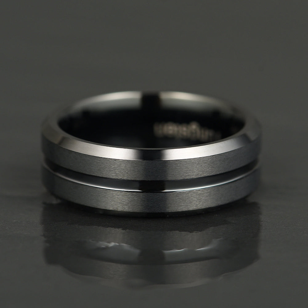 Black Tungsten Ridged Men's Wedding Band 8MM - Rings By Pristine