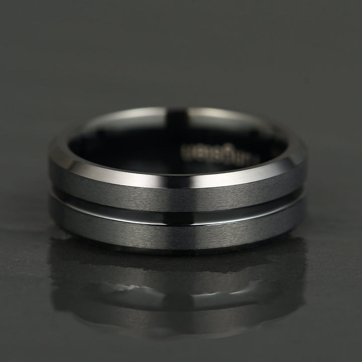 Black Tungsten Ridged Men's Wedding Band 8MM - Rings By Pristine