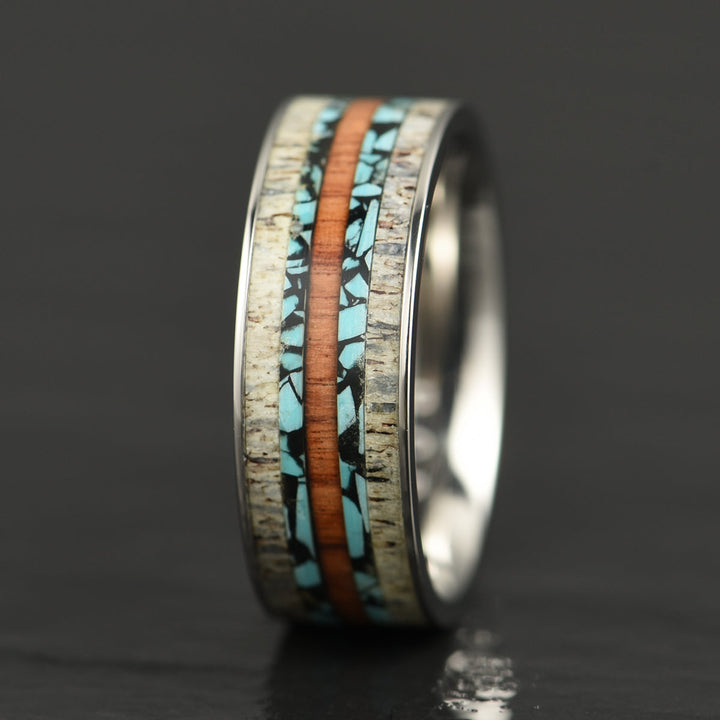 Tungsten Antler Turquoise Koa Wood Men's Wedding Band 8MM