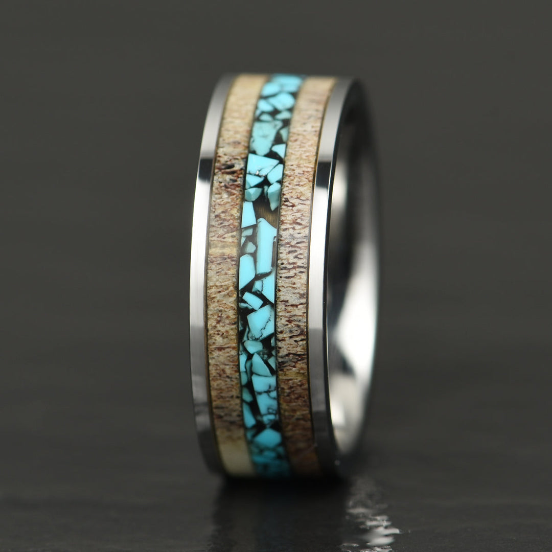Tungsten Antler Crushed Turquoise Inlay Men's Wedding Band 8MM
