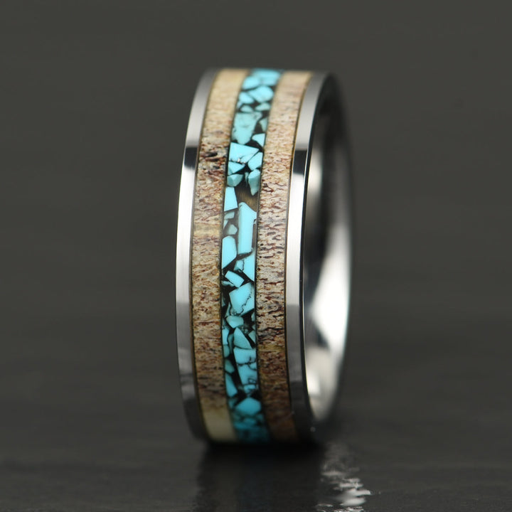 Tungsten Antler Crushed Turquoise Inlay Men's Wedding Band 8MM