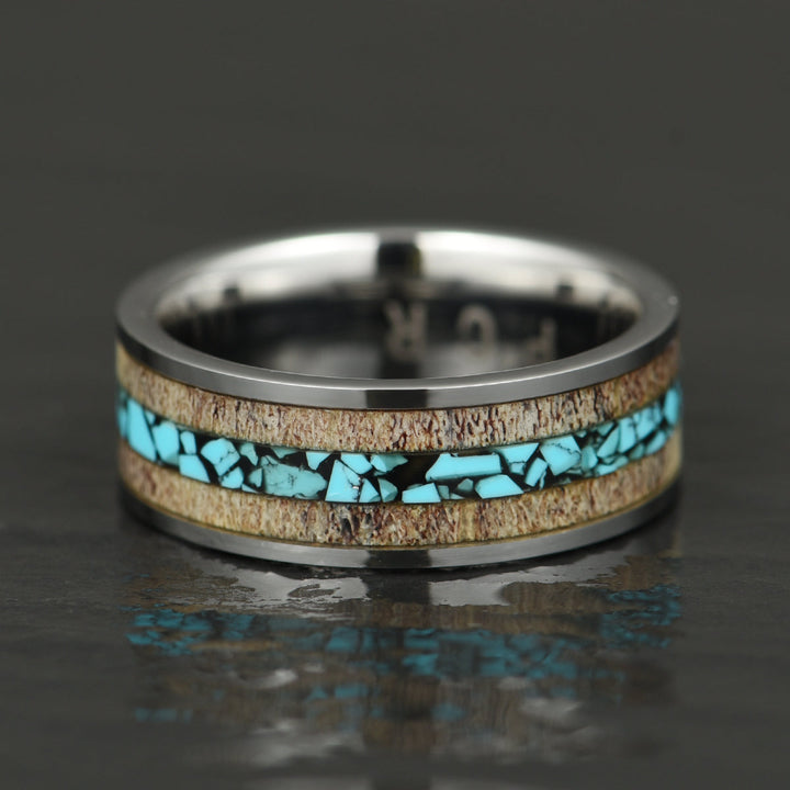 Tungsten Antler Crushed Turquoise Inlay Men's Wedding Band 8MM