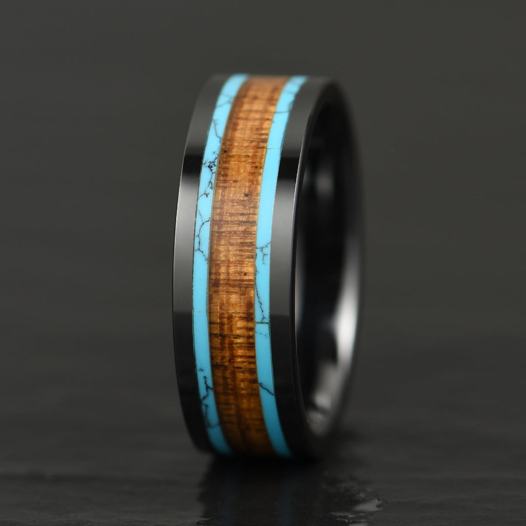 Ceramic Koa Wood Crushed Turquoise Men's Wedding Band 8MM - Rings By Pristine