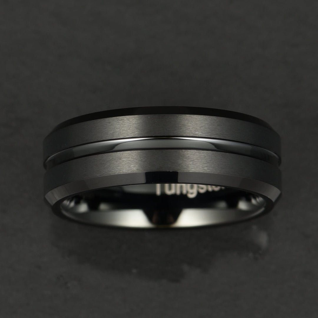 Black Tungsten Ridged Men's Wedding Band 8MM - Rings By Pristine