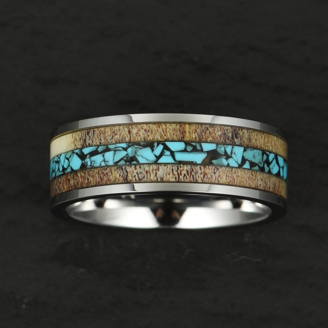 Tungsten Antler Crushed Turquoise Inlay Men's Wedding Band 8MM