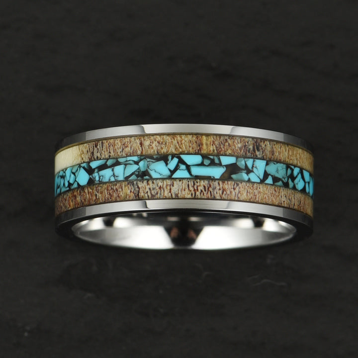 Tungsten Antler Crushed Turquoise Inlay Men's Wedding Band 8MM