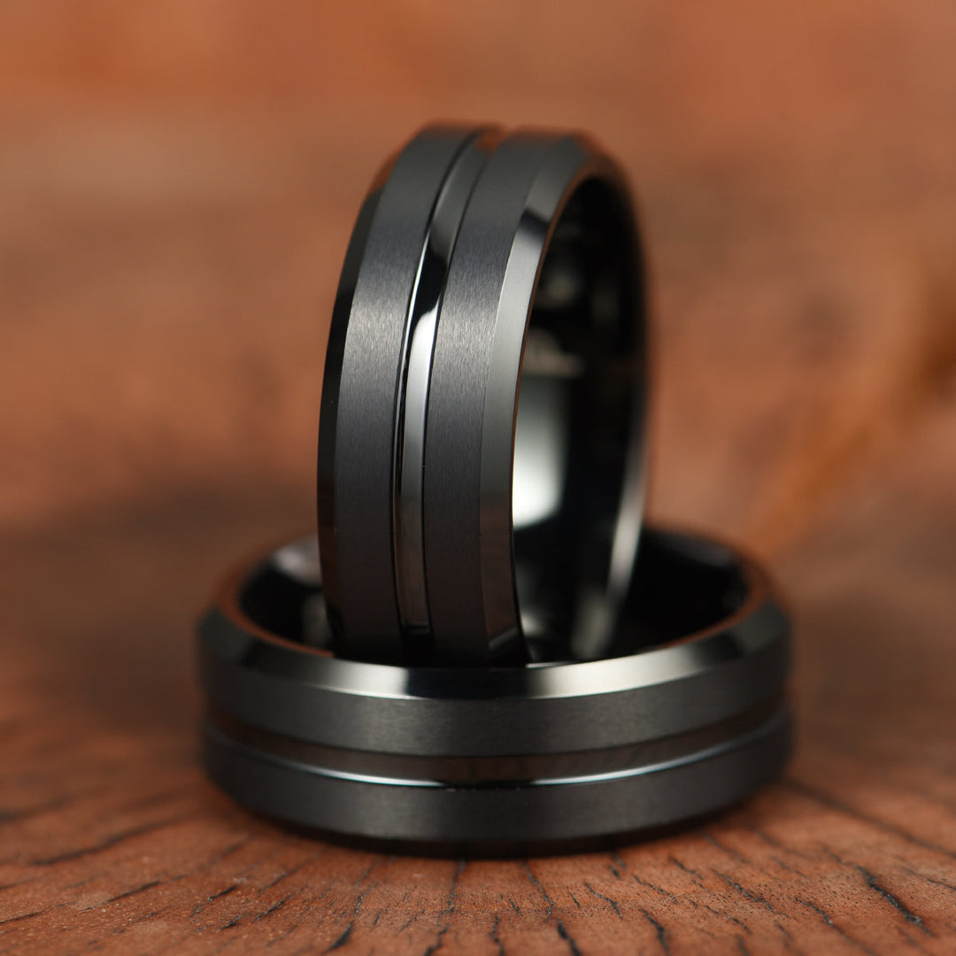 Black Tungsten Ridged Men's Wedding Band 8MM - Rings By Pristine