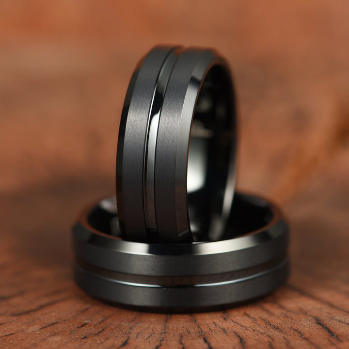 Black Tungsten Ridged Men's Wedding Band 8MM - Rings By Pristine