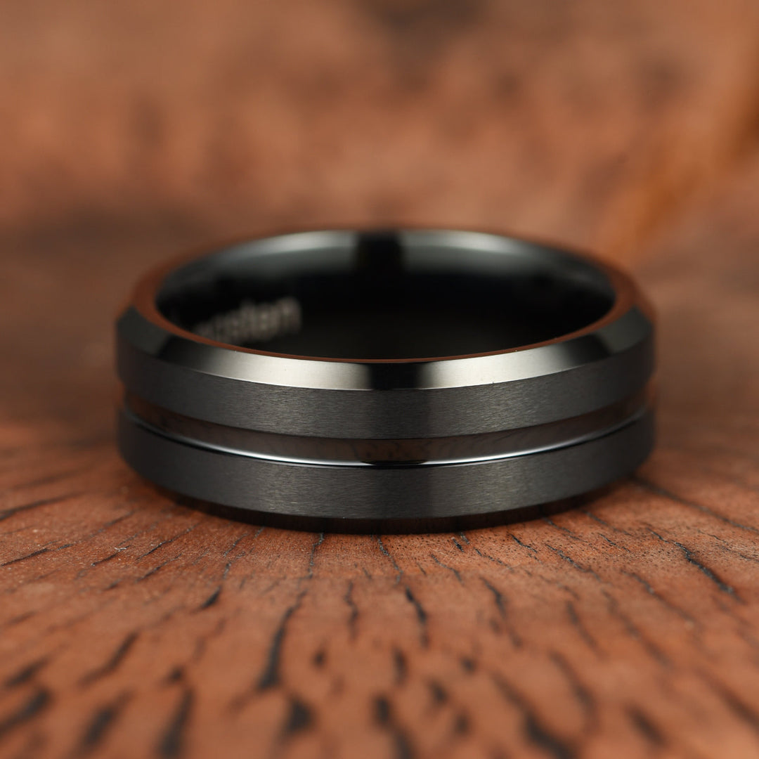 Black Tungsten Ridged Men's Wedding Band 8MM - Rings By Pristine
