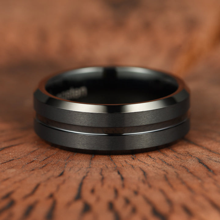 Black Tungsten Ridged Men's Wedding Band 8MM - Rings By Pristine