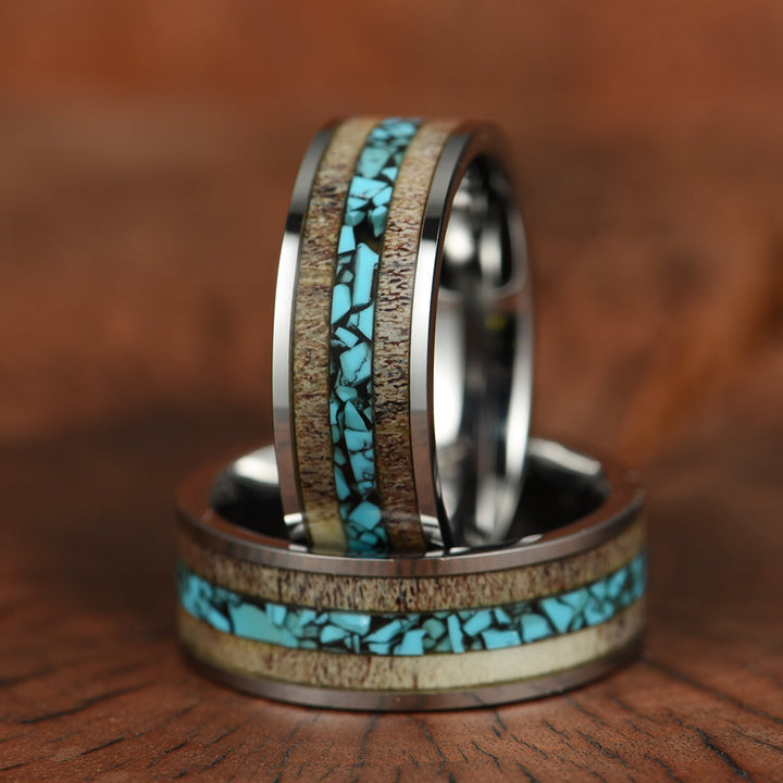 Tungsten Antler Crushed Turquoise Inlay Men's Wedding Band 8MM