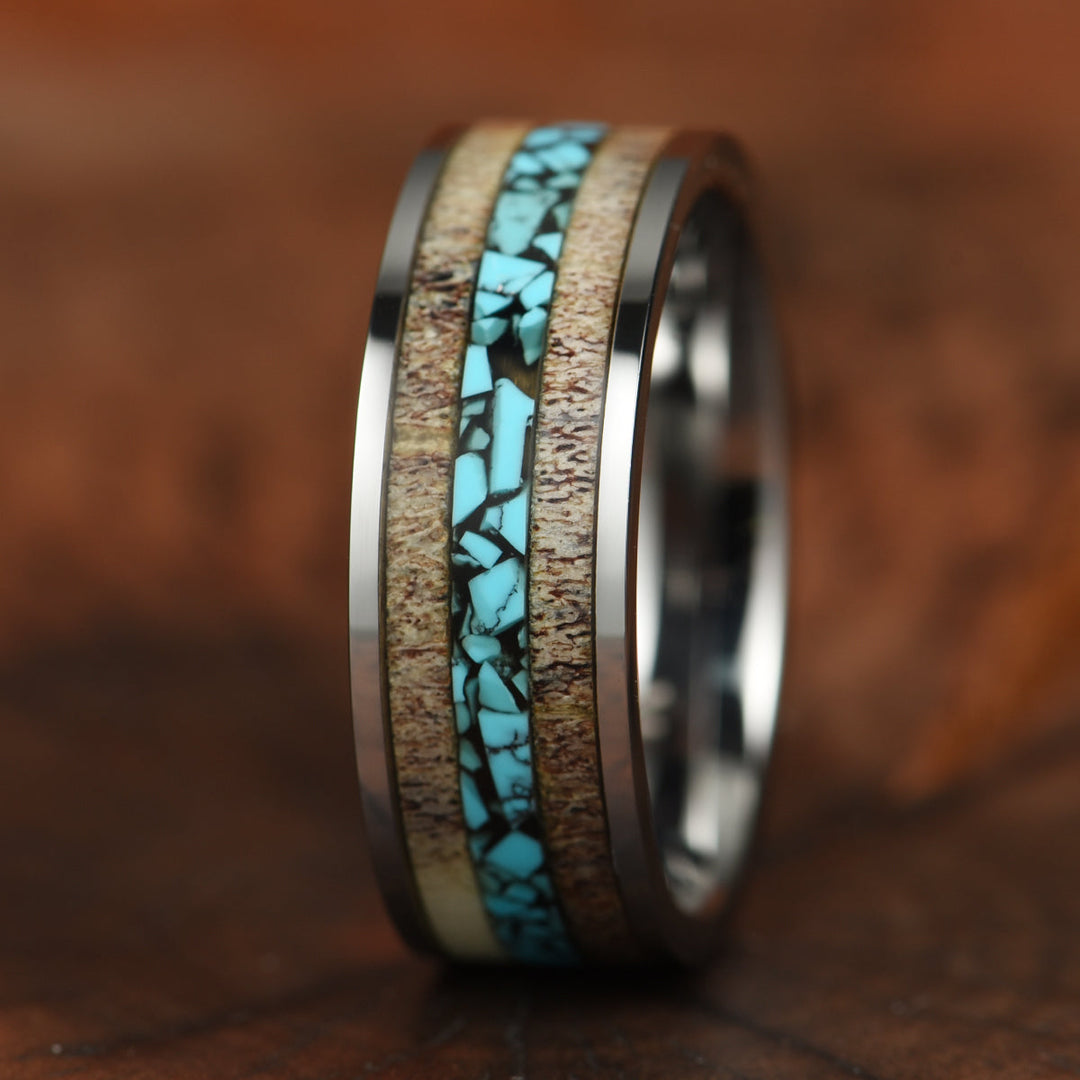 Tungsten Antler Crushed Turquoise Inlay Men's Wedding Band 8MM