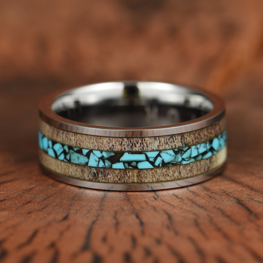 Tungsten Antler Crushed Turquoise Inlay Men's Wedding Band 8MM