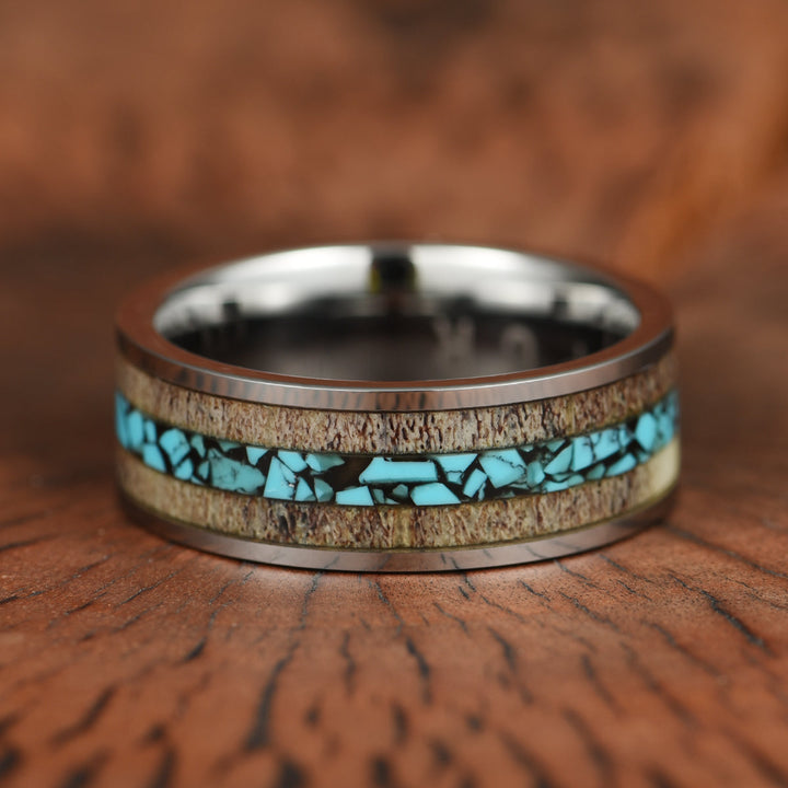 Tungsten Antler Crushed Turquoise Inlay Men's Wedding Band 8MM