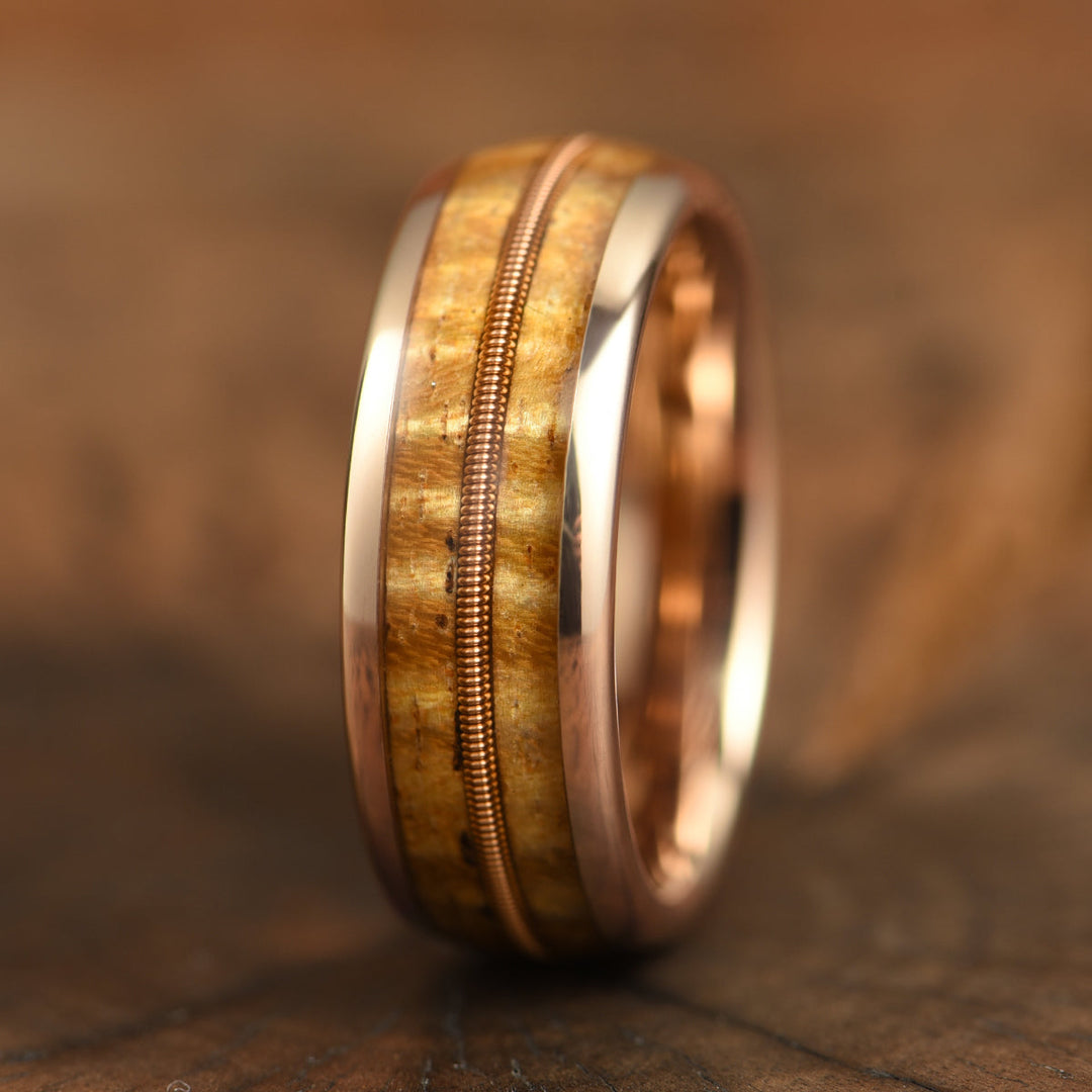 Rose Tungsten Koa Wood Guitar String Inlay Men's Wedding Band 8MM