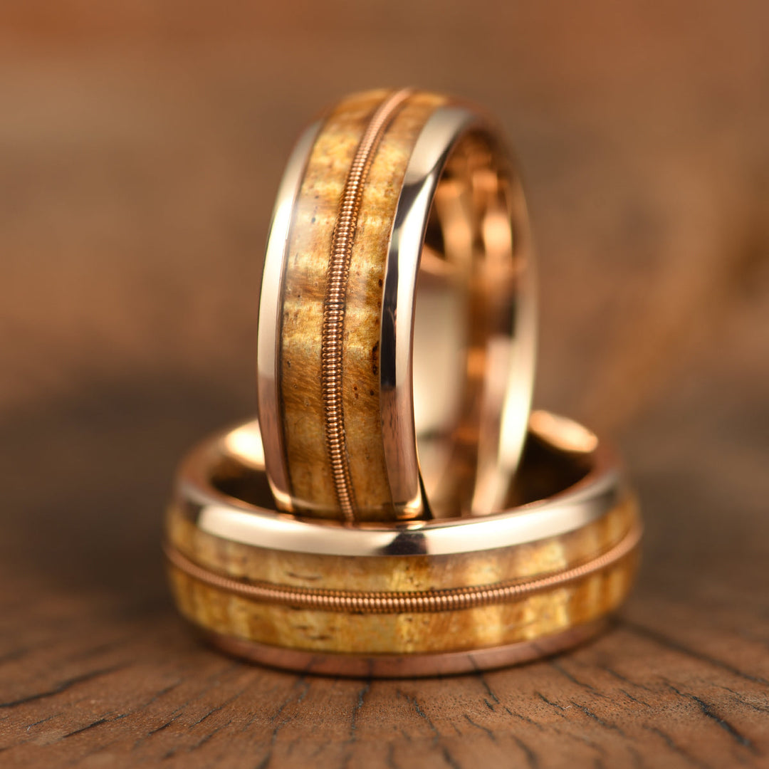 Rose Tungsten Koa Wood Guitar String Inlay Men's Wedding Band 8MM